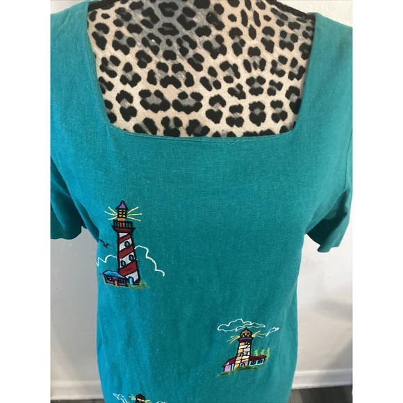 Country Concepts Dress M Teal Green Linen Cotton Midi Shift Lighthouse Solid - Picture 2 of 8